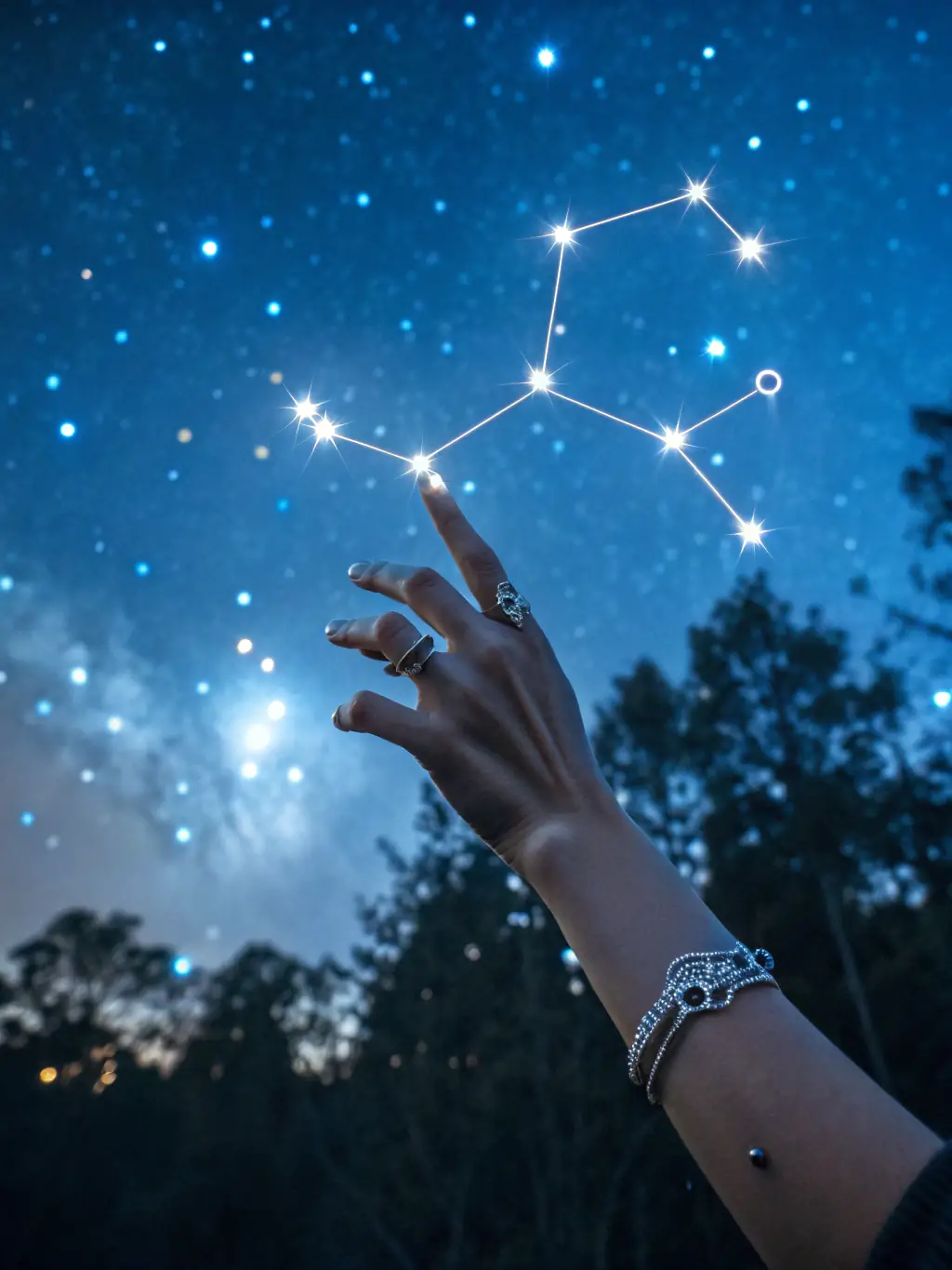 A romantic illustration of two figures holding hands under a starry sky, with tarot cards subtly integrated into the scene, symbolizing a 'Love and Relationship' reading.