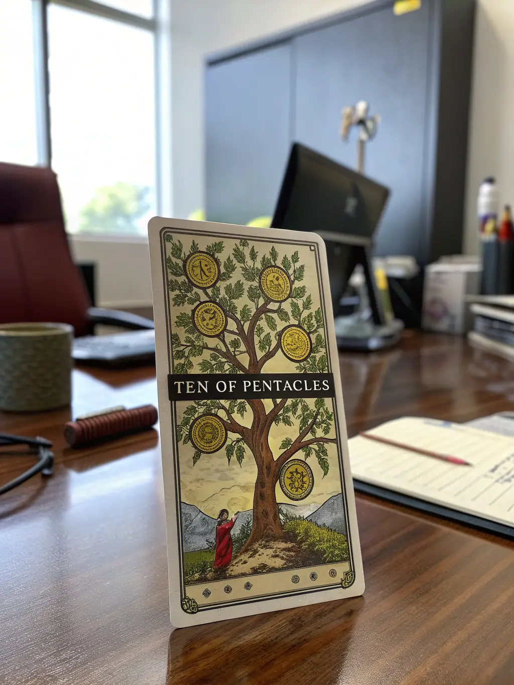 A professional-looking image of tarot cards arranged around a career-related object, such as a pen or a briefcase, representing the Career and Financial Guidance Reading.