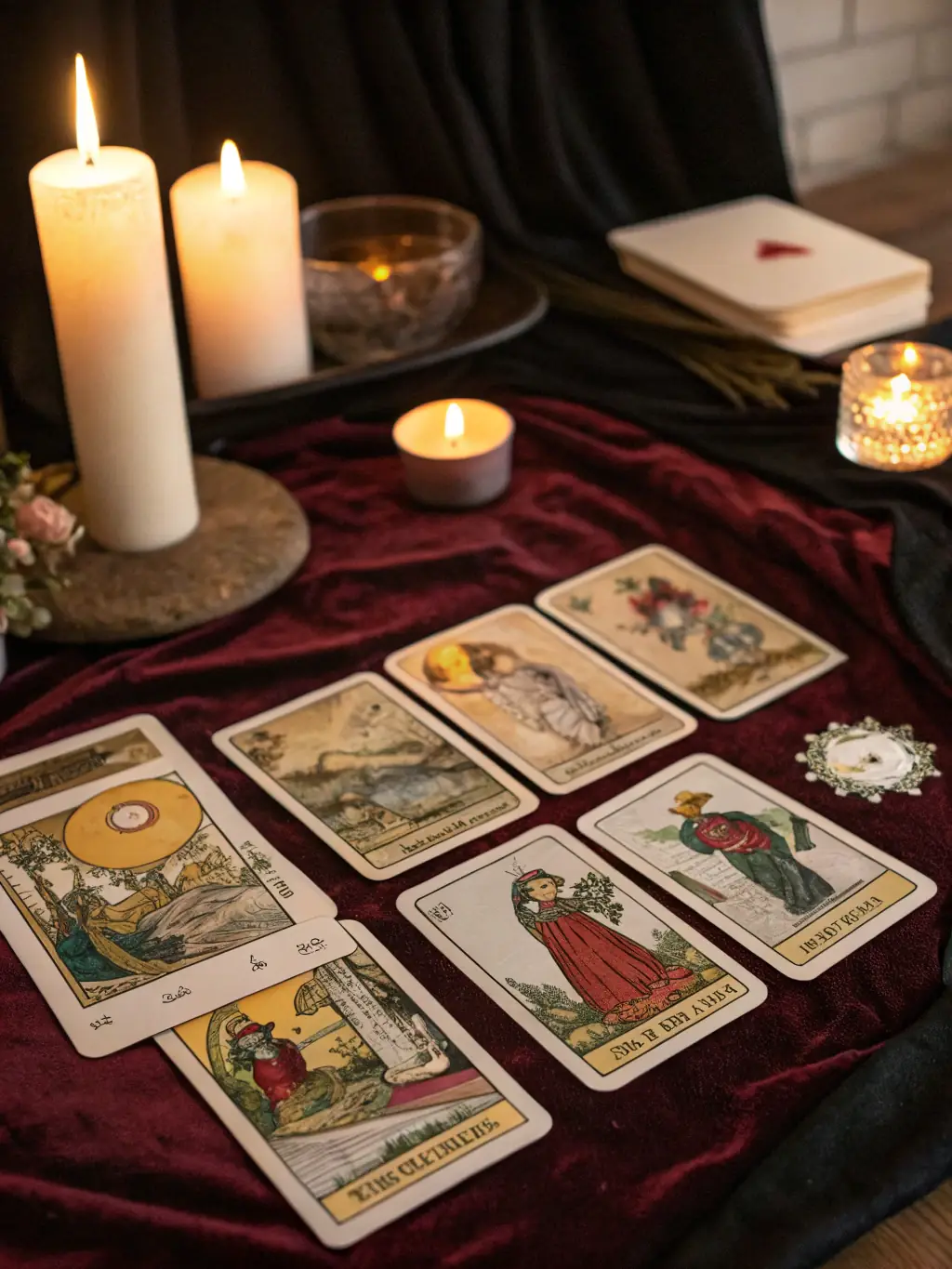 A close-up, mystical image of three tarot cards laid out on a dark velvet cloth, illuminated by candlelight, representing the Quick 3 Card Insight package.