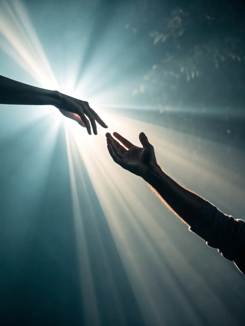 A romantic, ethereal image of two hands gently touching over a spread of tarot cards, symbolizing the Love and Relationship Reading package.