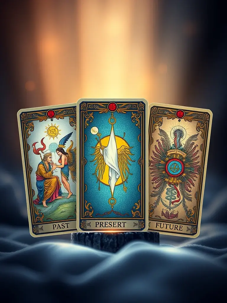 A digital painting of three tarot cards laid out on a velvet cloth, illuminated by moonlight, representing the Quick 3 Card Insight Reading.
