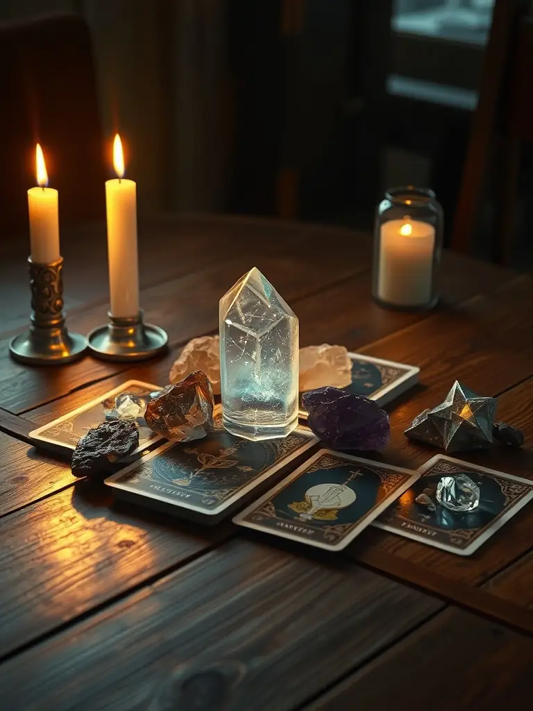A digital painting of three tarot cards laid out on a velvet cloth, illuminated by candlelight, representing a 'Quick Insight' reading.