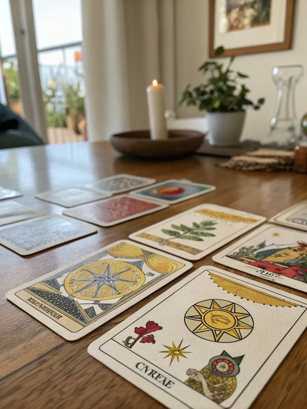 A focused, professional image of tarot cards arranged around symbols of career and finance, such as a calculator and a graph, representing the Career and Financial Guidance package.