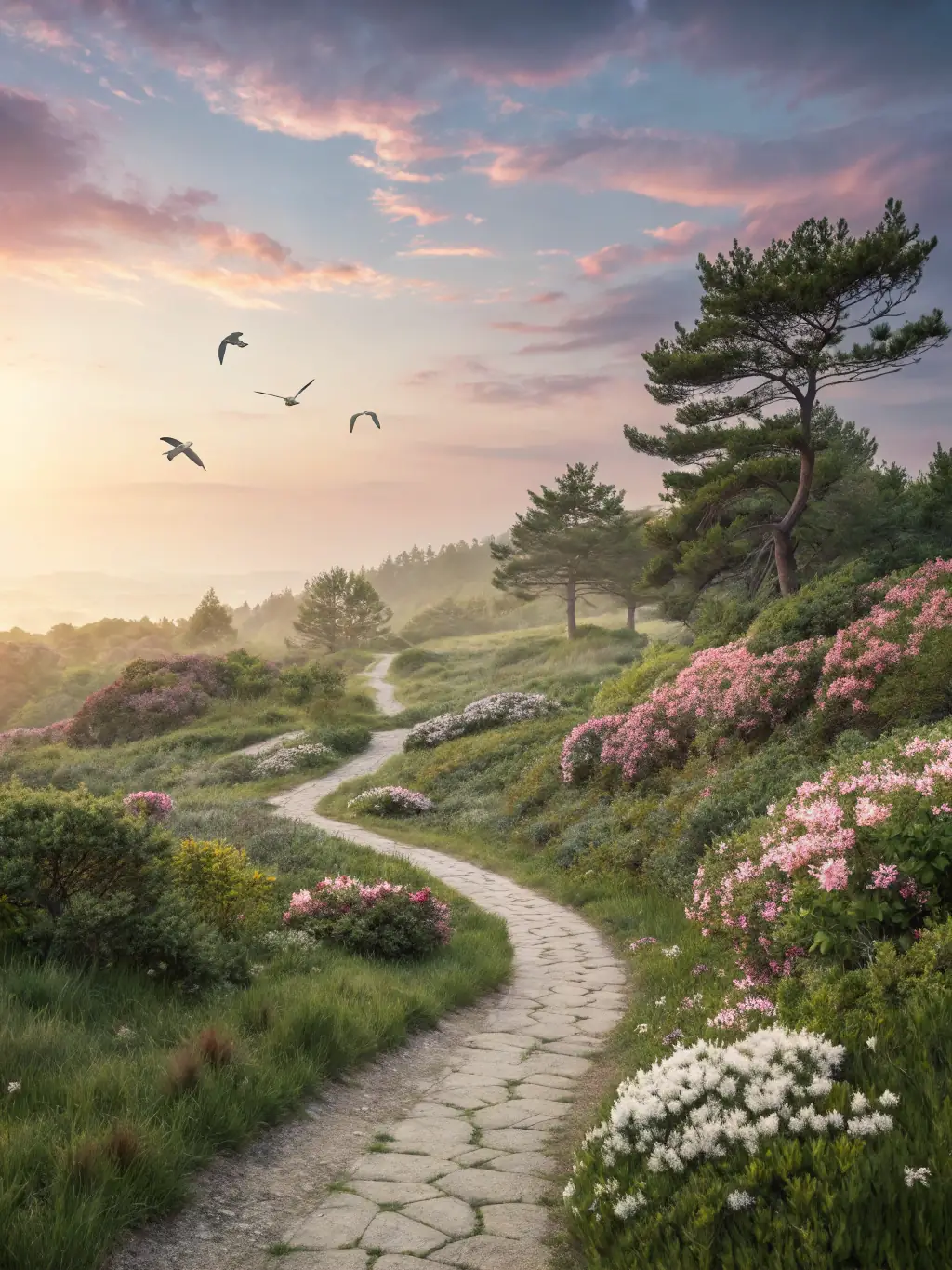 A mystical image of a winding path leading to a distant mountain peak, with tarot cards floating in the sky above, symbolizing a 'Life Path Deep Reading'.