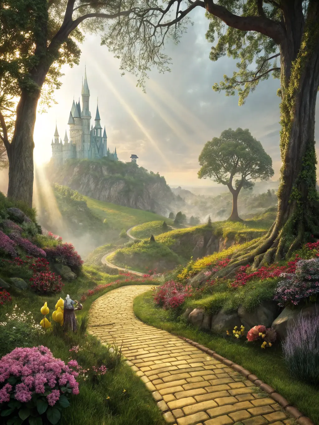 A mystical depiction of a winding path leading to a distant mountain peak, with tarot cards scattered along the way, symbolizing the Life Path Deep Reading.