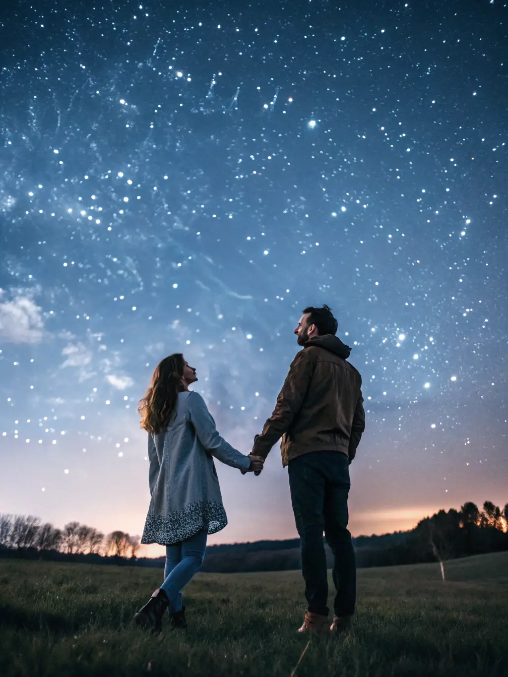 A romantic illustration of two figures holding hands under a starry sky, with tarot cards subtly integrated into the scene, symbolizing the Love and Relationship Reading.